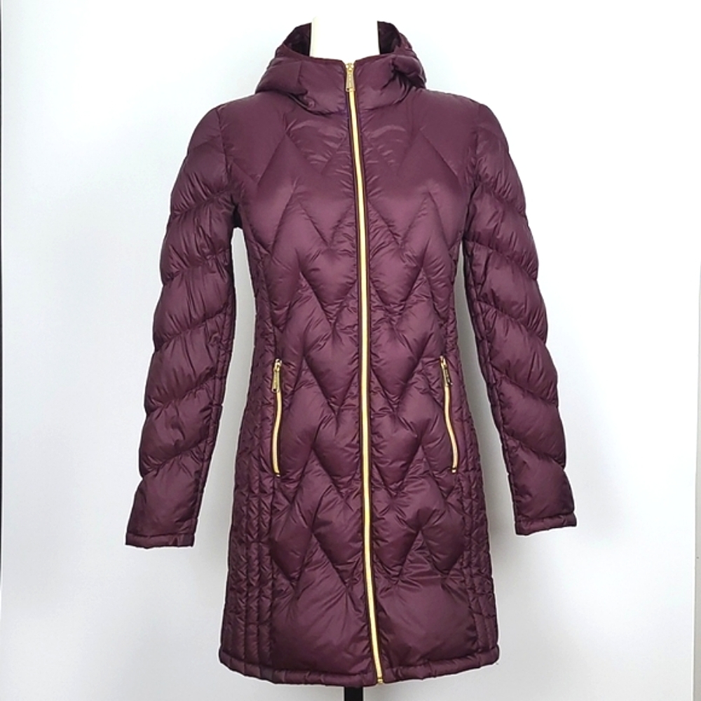 Michael Kors Quilted Down Fill Burgundy Long Lightweight Coat Hood Size Small